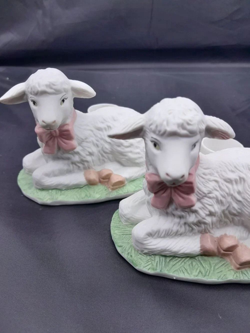 (2) WHITE LAMB PORCELAIN BISQUE TAPER CANDLE HOLDERS SPRING SUMMER EASTER VTG.
